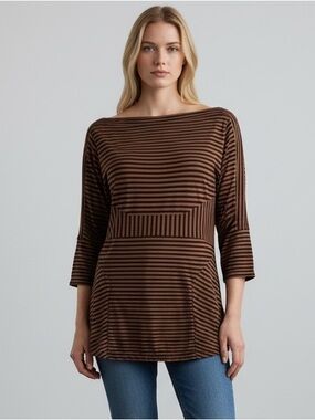 BCBGMaxAzria Striped Long Sleeve Top in Brown Shades with Arm Cut Outs